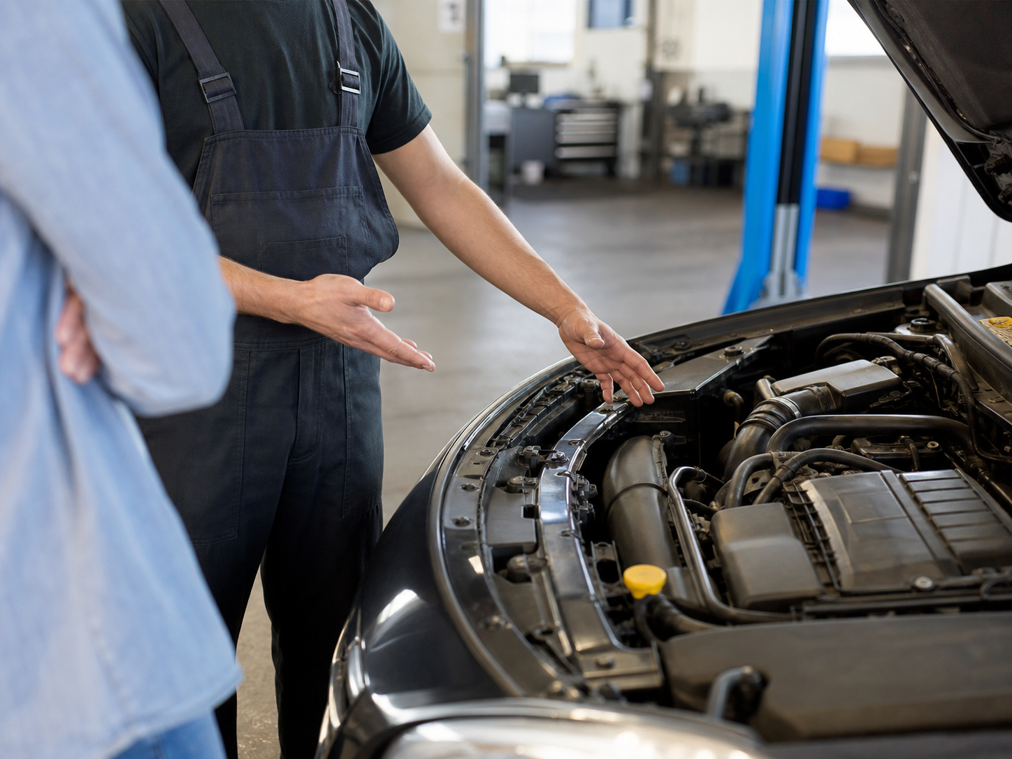 Generated placeholder showing a mechanic explaining vehicle work beside an open bonnet.