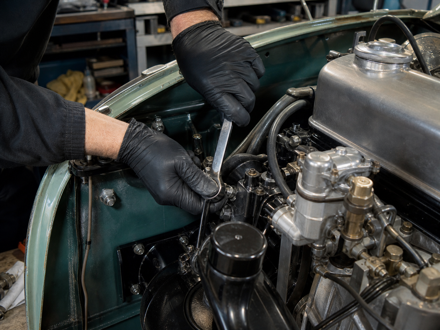 Generated placeholder showing gloved hands working on a classic vehicle mechanical component.