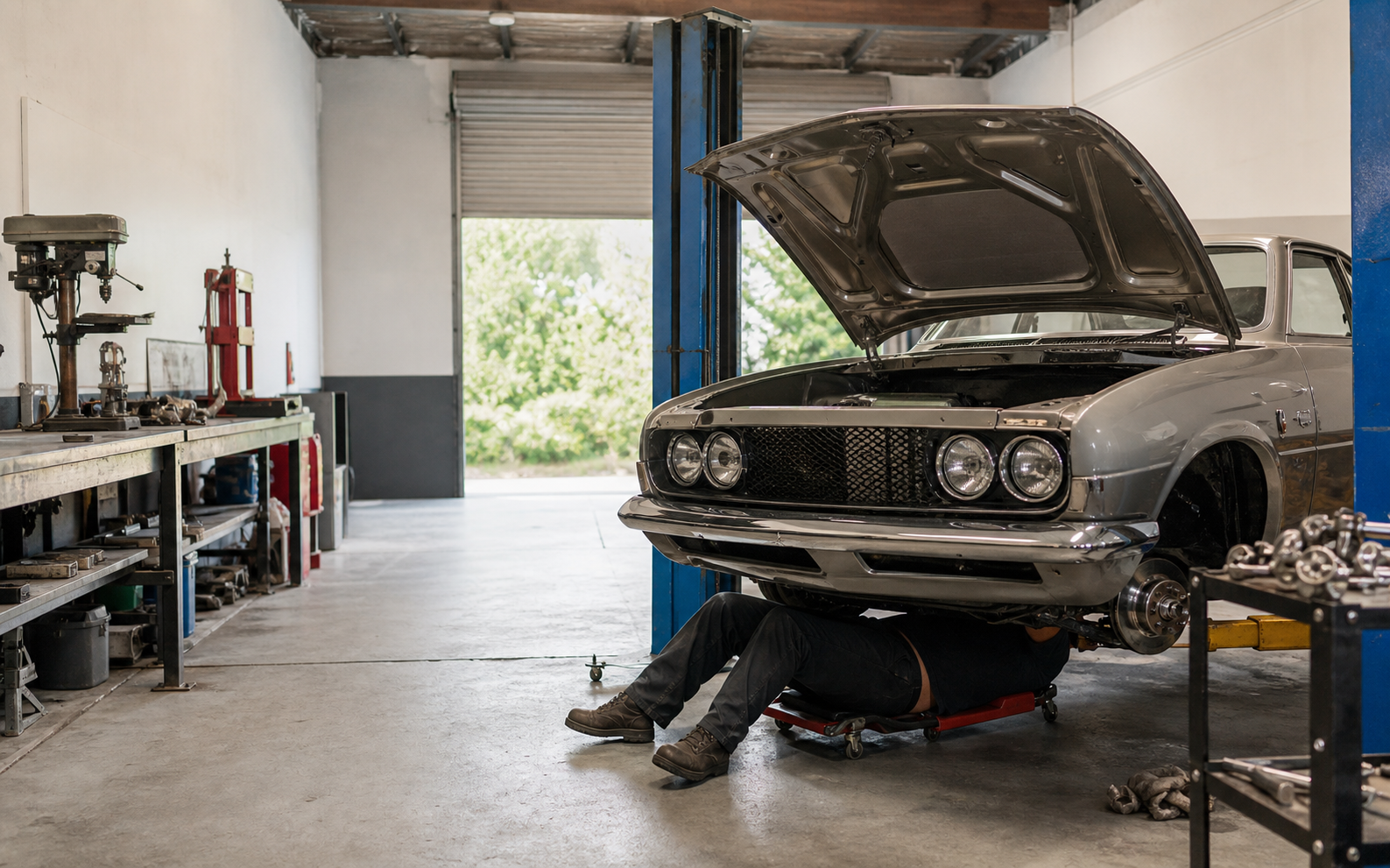 Generated placeholder showing a clean automotive workshop bay with a classic vehicle being serviced.